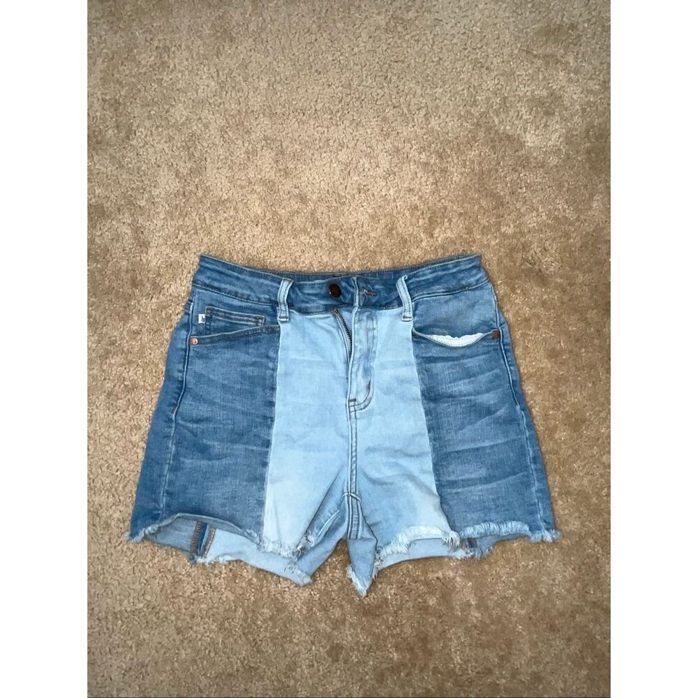 Judy Blue Two-Tone Colorblock Cut Off Shorts - Blue - Wmns Sz M